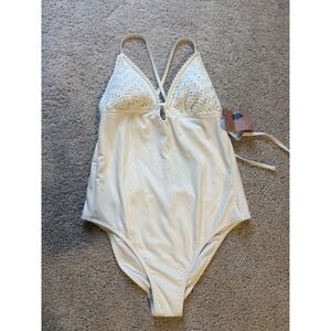 Shade & Shore Womens Off White Crochet High Leg Cheeky One Piece Swimsuit Size M